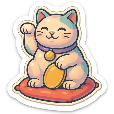 plump maneki-neko cat with raised left paw sitting on a cushion, eastern style, retro stickers style, thin clean outlines, soft rounded shapes, detailed drawing with shadows and highlights, pastel palette #98B5BC, #B5B3C1, #C9A3C9, #E4C0CA, #F7DCD1, #F7C0AA, modern Japanese pop art, soft lighting, transparent background sticker