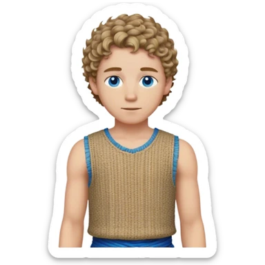 medieval summer outfit worn by a DnD themed fantasy male character. basic sleeveless rough-spun tunic with a decorative woven pattern along the edges. clothes only above the waist. The clothes full waist. The character's haven't arms. character is white-skinned, dark blonde hair, blue eyes, short curly hair. sticker
