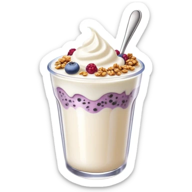 Mystical floating Greek yogurt cup with magical protein granola and glowing chia seeds, surrounded by sparkles and celestial aura sticker