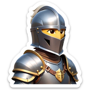 clash-of-clans-aesthetic_-cinematic-fearsome-and-majestic-knight-bust-portrait-emoji, rendered in a flat, vector-style with minimal shading and bold, simplified shapes, depicting a battle-ready medieval knight with steely eyes and intricate armor, mounted on a warhorse reflecting sunlight over a misty battlefield. sticker