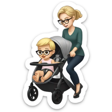 White women with brown hair and glasses pushing buggy with blonde baby sticker