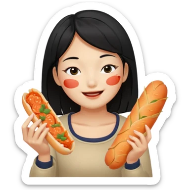 Girl black long hair eat kimchi close eyes baguette sticker