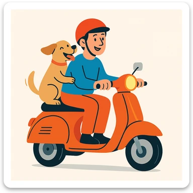 vector art of a man and his pet dog riding a vespa, for website design sticker
