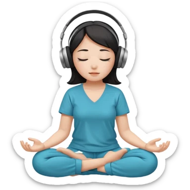 An East Asian woman is sitting cross-legged in a meditation pose, wearing Apple headphones and listening to music. The song is so beautiful that she has her eyes closed and tears streaming down her face. sticker