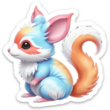  Shiny iridescent light warmly colored reddish-orange-gold-gradients neon vibrant bioluminescent colorful pastel flourishing flurry fuzzy Absol-Minccino-Furret-Zangoose-Chinchilla-Stitch-fusion-animal-Fakémon-hybrid-creature  sticker