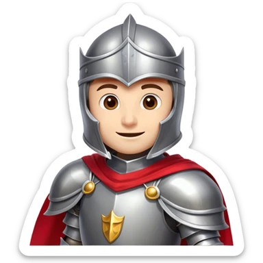 side-view RPG character asset in a clean. The character is a brave knight with exaggerated, rounded features and minimal linework. They wear polished armor in silver tones, with a bright red cape flowing behind them. The face should have large, expressive eyes and a friendly smile that’s clearly visible even from the side view. Keep proportions simple and cartoony. The stance is slightly turned to emphasize the character’s side profile (facing right), with one hand on the hip and the other resting on a sheathed sword at the waist. The colors should be vibrant and easy to read, with smooth shading reminiscent of typical emoji designs. Include two variations: one idle pose and one simple walking pose, each capturing the playful, streamlined look of emoji-like characters. sticker