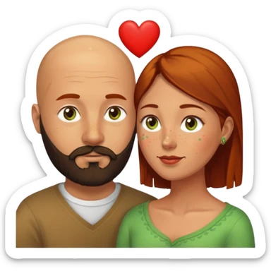 Couple. Bald man with dark brown-black beard. Woman with freckles, white skin and she has auburn-yellow-brown-hair. She has light yellow-green-brown eyes. He have hazel eyes. They look at each other. Many small red hearts around them. sticker