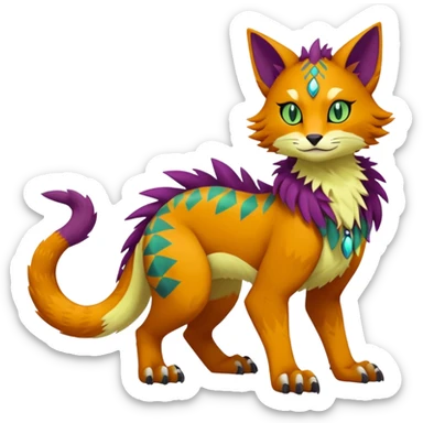 Kawaii cute reddish orangish yellowish greenish purplish exotic tribal beautiful pretty elegant divine edgy feline-vernid-sergal-Fakémon-Pokémon-Digimon-fursona-animal-creature with accessories, full body, with intricate detailed markings sticker