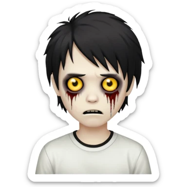 boy zombie with black, medium-long, emo, shaggy hair, dark and spooky, creepy expression, wearing a white shirt, emoji style sticker