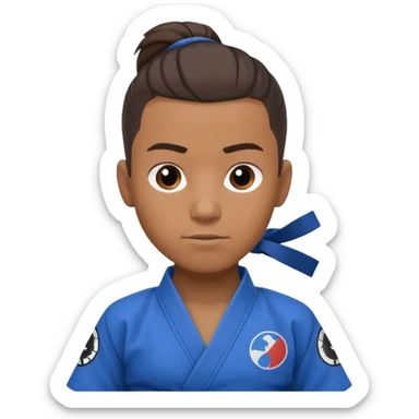 black karate instructor with ponytail and a low taper haircut, and a small fade on the sides with a blue belt and roger Gracie academy logo on the gi sticker