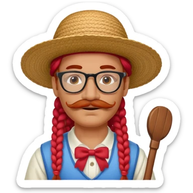 venice gondolier with long red braided hair, iconic hat, normal glassess and red mustache sticker