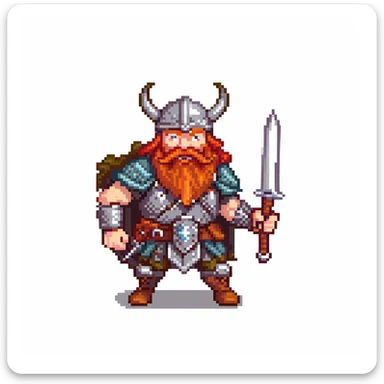 pixel art ginger viking with red beard and armor, running animation frame 1, legs wide apart sticker