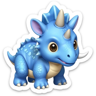 A small blue baby triceratops toy with stubby horns and a pacifier sticker