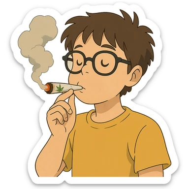 ghibli style app character with black glasses smoking weed sticker