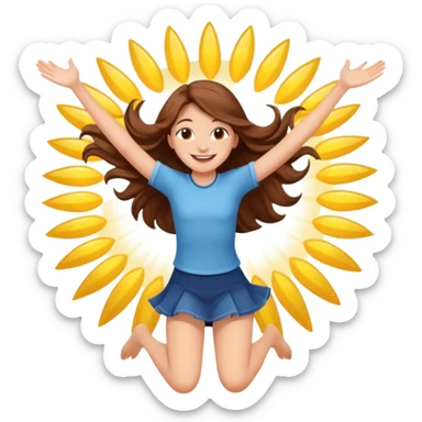 Girl with long brown hair happy jumping in the air with sunbeams in the background  sticker