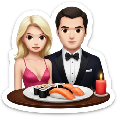 realistic photo of Henry Cavill with a beautiful  victoria secret model on a candle lit sushi date sticker