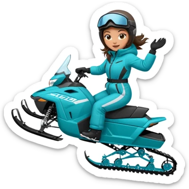 Can you create an emoji of a brunette girl on a teal polaris khaos 850 155 snowmobile doing a wheelie with snow flying sticker