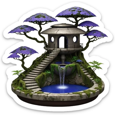 Alien saucer house jungle-vines precarious narrow stairway fountain mountain-island getaway landscape antique mudman very old broken cracked intricate Stone Age lapis-crusted irregular dodecagon-shaped shallow dark moss rough bark violet serissa flowered maple tree bonsai pot sticker