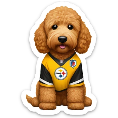 Ginger Golden doodle with Pittsburgh Steelers jersey on sticker