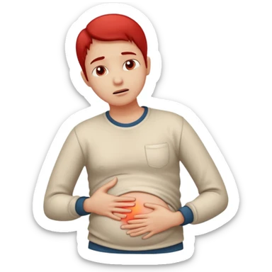 A person wearing casual clothes, holding their stomach with one hand, showing visible discomfort. A red glow appears over the abdominal area to indicate pain. Realistic medical illustration style, clean white background, focus on body language expressing stomach ache or cramps. sticker