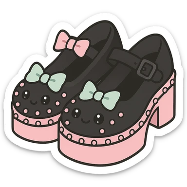 Refine the BLACKPINK-inspired gothic shoes in kawaii style by adding more cute details like bows or studs. Emphasize the black and pink color contrast while keeping the style playful and stylish. No hearts. Transparent background. sticker