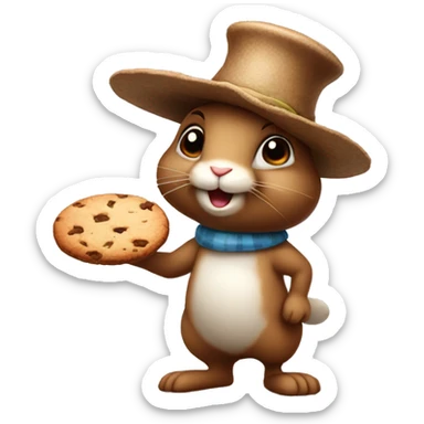 brown rabbit stands on two legs with hat and holding cookie sticker