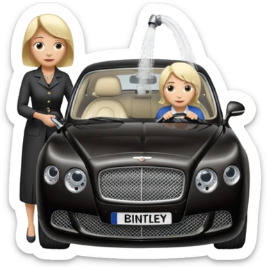 A old blond lady washing a black Bentley car. show the full car and the lady next to it. show the face smaller and the person standing beside it sticker