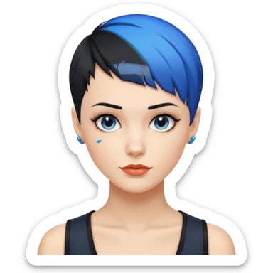 frau, kein kind freche extreme schwarze Kurzhaarfrisur eine Seite wirklich fast keine Haare andere Seite mit blauer Strähne kurze Seite noch viel kürzer sticker