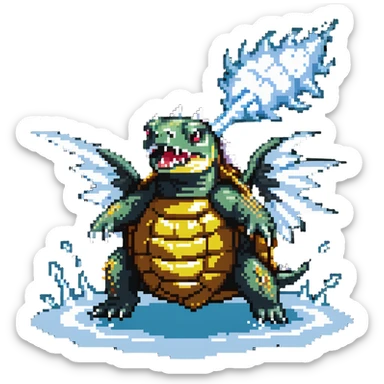 Spiky-shelled turtle with dragon wings, sharp fangs, and dangerous claws, firing a jet of water and steam from its mouth sticker