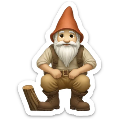 side view of gnome with light tan pants and light tan boots squatting next small brown log sticker