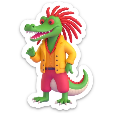 Add red color into the alligator's dreadlocks, keep the 3D cartoon Rasta style and vibrant clothes, with no background. sticker