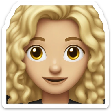 dirty blonde haired girl, curled, hazel eyes, smiling with a black shirt sticker
