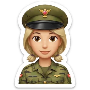 Female soldier emoji in Apple style, no cap/helmet, bust portrait, gentle smile, generic camo, hair visible, soft gradients sticker