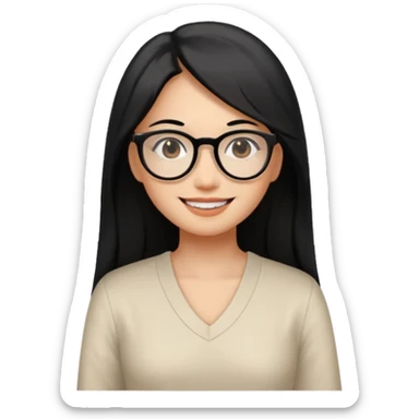 medium tan asian woman with long black hair past middle of back, round brown eyes, white v neck blouse. she has black  square frame glasses on and smiling with no teeth sticker