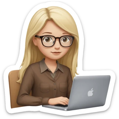 Girl in glasses, blonde long hair, sitting, brown blouse, typing on gray MacBook sticker