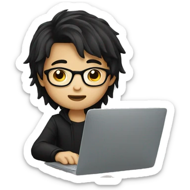 asian boy with glasses, long hair working, wearing black clothes , on his laptop  sticker