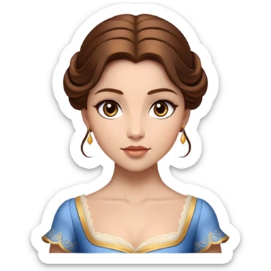 Cinematic Realistic Belle Portrait, depicted with lifelike skin texture, soft natural lighting, and intricately detailed brown hair styled elegantly. Her deep, expressive eyes exude warmth and intelligence, complemented by a serene and graceful expression. She is dressed in her classic attire, with rich fabric textures and delicate folds that catch the light beautifully. The portrait features a soft, enchanting glow with a natural, radiant finish, capturing the essence of timeless beauty in a realistic and painterly style, evoking a sense of depth and authenticity. sticker