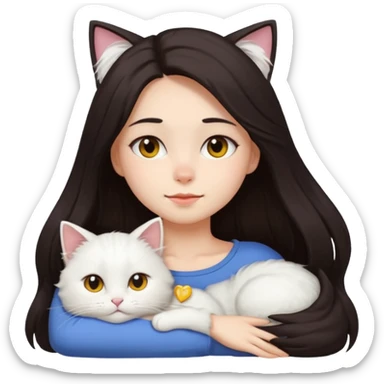 a girl with long dark hair and a white fluffy cat lying on her left shoulder and neck, emoji style, suitable for Discord and Slack sharing sticker