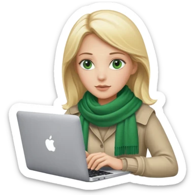 blond women skine , with green eyes and scarf . with macbook sticker