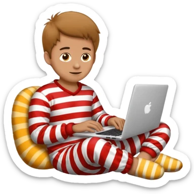 man in striped pajamas and fuzzy slippers typing on a laptop, emoji style sticker