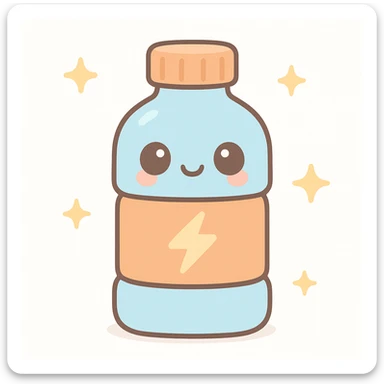 kawaii style sports drink bottle with a cheerful face, pastel blue and orange colors, and a lightning bolt symbol sticker