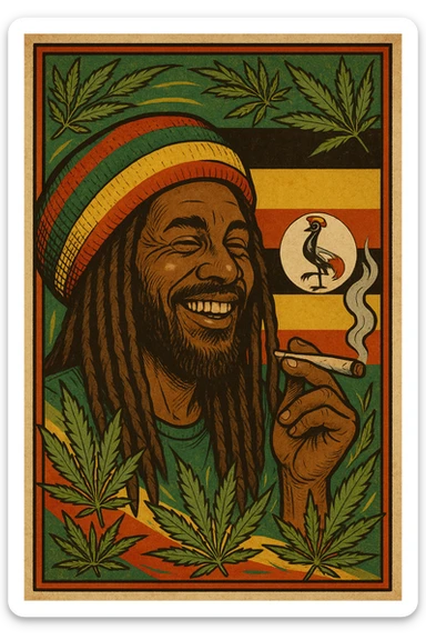 “A digital vintage-style poster illustration of a smiling Ugandan Rasta man with long dreadlocks, wearing a red, yellow, green striped tam hat. He is smoking a herbal spliff. The background features the authentic Uganda flag with accurate black, yellow, and red horizontal stripes, and includes the official grey crowned crane emblem on the right side. Surround the scene with stylized cannabis leaves and Rasta colors to enhance the reggae vibe. Use a warm, textured retro color palette and artistic shading to give it a nostalgic roots feel. The mood should be positive, vibrant, and soulful — honoring Ugandan culture and Rasta lifestyle.” sticker