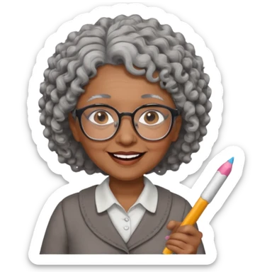 old woman teacher, brown skin, curly grey hai, wearing glasses, hold chalk on hand sticker
