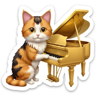 calico cat play gold piano, portrait sticker