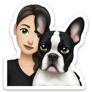 Brunette with dark green eyes in black sweater cuddling with her white and black(head is just black) french bulldog sticker