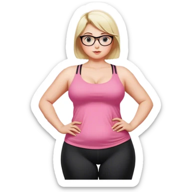 View from knees up, view from the back, fair skinned woman, curvy, short blond hair, small reading glasses, cooking dinner in kitchen, pink loose tank top, showing natural B cup breast shape SFW, black yoga pants, large curvy booty sticker