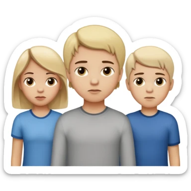  iOS emoji style.
A girl holding hands with two boys at the same time,one boy si brunette the other blonde, one on each side.
The girl has a suspicious, guilty expression, slightly turned eyes.
The boys look neutral and unaware.
 smooth gradients, rounded shape sticker