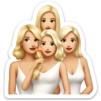 Four beautiful white european girls, one with blond hair and two dark blond hair in dresses drinking aperol sticker