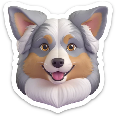 cute close-up of Australian Shepherd dog face, adorable expression, detailed heterochromatic eyes one blue one brown, fluffy merle fur, expressive ears, sweet smile sticker
