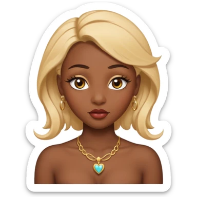 darkskin female with eyebrows that are naturally shaped and frame eyes well, eyes that are almond-shaped with defined lashes. nd lips are full with a defined cupid’s bow, add also a septum piercing that adds an edgy, stylish flair. a middle-part, honey blonde bust-down with laid baby hairs sticker